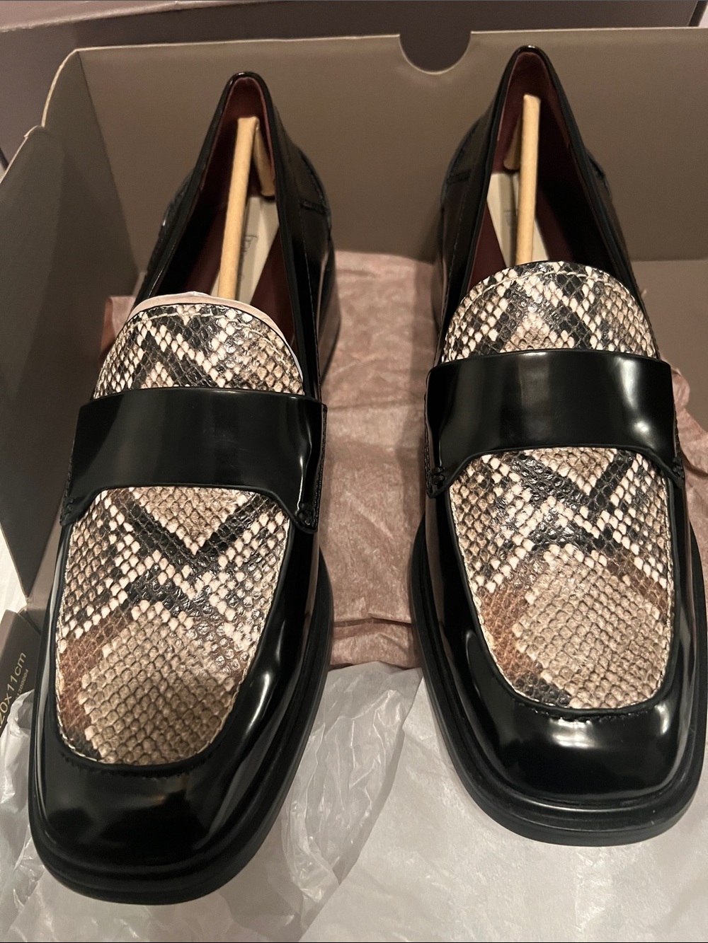 Franco Sarto Black Patent Loafers with Brown Snake-Print Accent